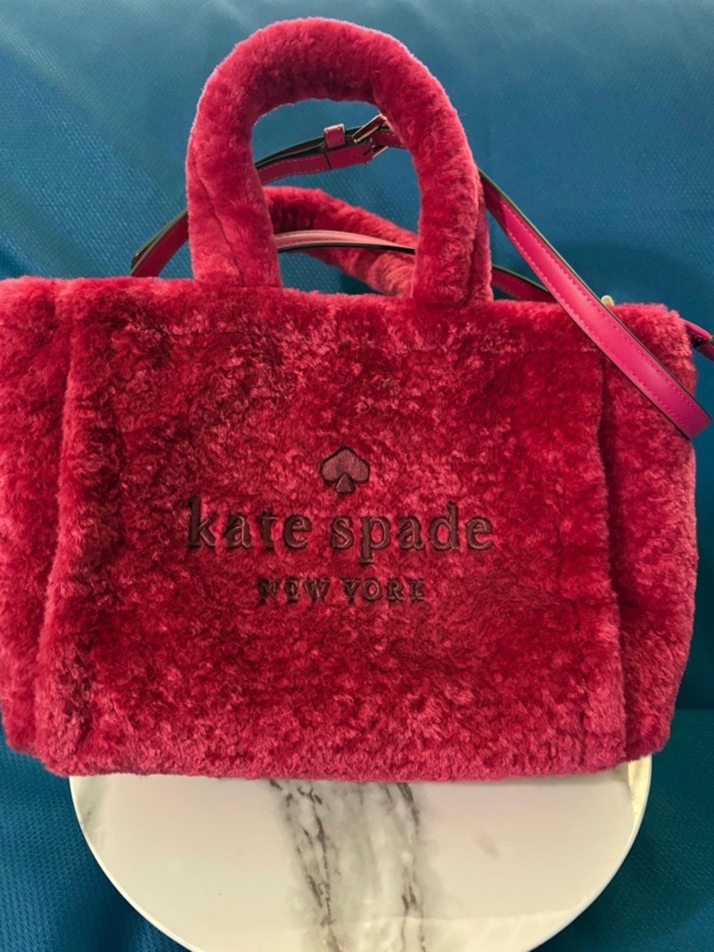 kate spade Plush Red Faux-Fur Tote with Embroidered Logo
